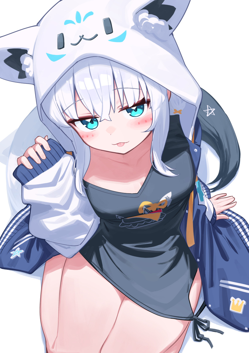 1girl :p absurdres animal_ears aqua_eyes black_jacket black_shirt blue_jacket character_hood character_print commentary_request fox_ears fox_tail hair_between_eyes hand_up highres hip_vent hololive hood hood_up hooded_jacket jacket knees_out_of_frame long_hair long_sleeves looking_at_viewer loungewear no_pants official_alternate_costume open_clothes open_jacket pentagram print_shirt raglan_sleeves seiza shirakami_fubuki shirakami_fubuki_(loungewear) shirt side-tie_shirt simple_background sitting sleeves_past_wrists solo sukonbu_(shirakami_fubuki) tail tongue tongue_out verdey virtual_youtuber white_background white_hair white_sleeves