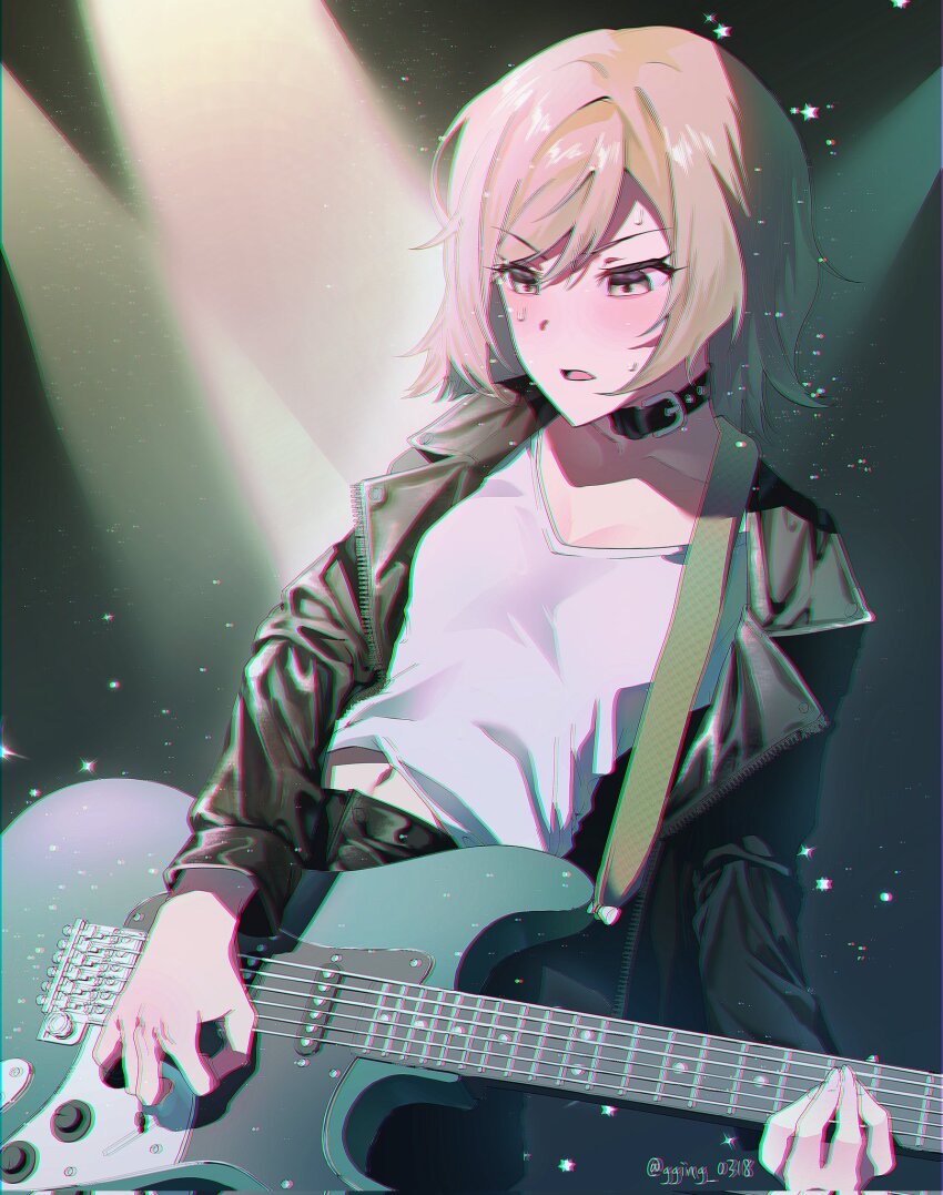 1girl bass_guitar black_choker black_pants blush breasts choker chromatic_aberration cleavage collarbone cowboy_shot gging_0318 green_eyes grey_hair heavy_chromatic_aberration highres hinomori_shiho instrument jacket korean_commentary lapels leather leather_jacket leather_pants light_particles long_sleeves looking_down midriff_peek music navel notched_lapels open_clothes open_jacket pants parted_lips playing_bass_guitar playing_guitar playing_instrument project_sekai shirt short_hair small_breasts solo stage_lights sweat twitter_username v-shaped_eyebrows white_shirt