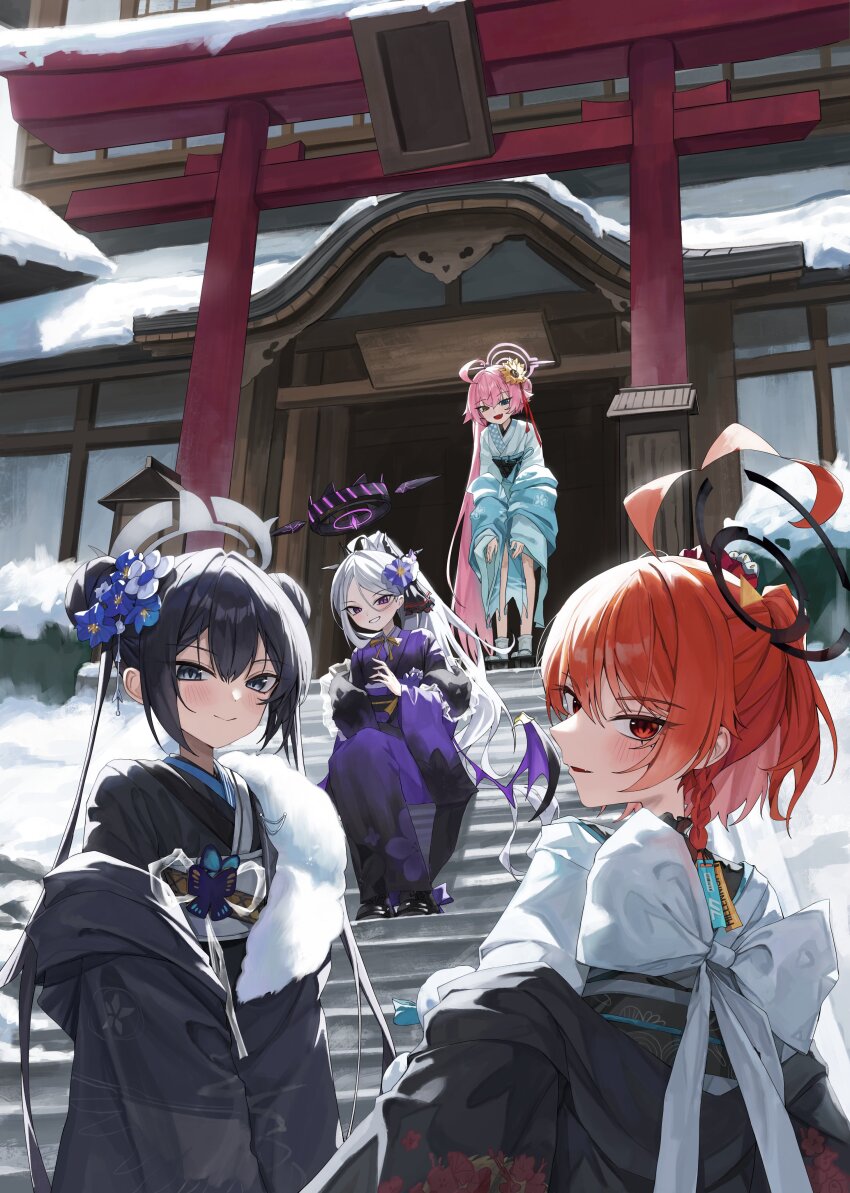 4girls absurdres ahoge alternate_costume black_boots black_hair black_kimono black_sandals blue_archive blue_eyes boots braid closed_mouth flower grey_hair hair_between_eyes hair_flower hair_ornament halo hand_up heterochromia highres hina_(blue_archive) hoshino_(blue_archive) japanese_clothes kimono kisaki_(blue_archive) long_hair long_sleeves looking_at_viewer multiple_girls neru_(blue_archive) okobo open_mouth orange_hair outdoors pink_hair platform_sandals purple_eyes purple_kimono red_eyes rosu_1109 sandals short_hair single_braid sitting smile socks standing sunflower tabi very_long_hair white_socks wide_sleeves yellow_eyes