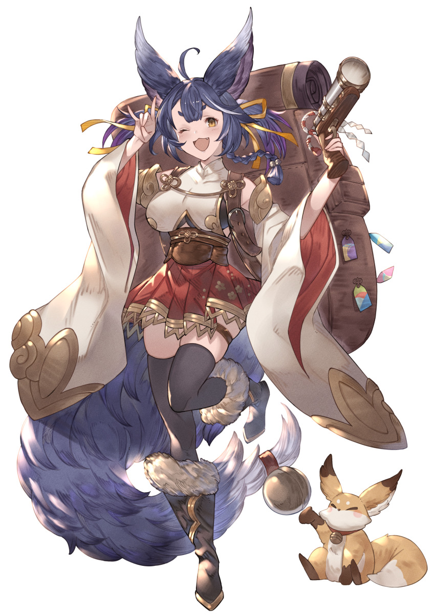 1girl absurdres ahoge animal_ears ayacho backpack bag black_footwear black_thighhighs blue_hair boots braid breasts commentary_request commission creature dark_blue_hair detached_sleeves fang fox_shadow_puppet fur-trimmed_boots fur_trim gun hair_ribbon handgun hands_up highres holding holding_gun holding_weapon indie_virtual_youtuber knee_boots large_ears long_tail mae_hayami medium_breasts omamori one_eye_closed open_mouth pleated_skirt red_skirt ribbon shide shirt side_braid simple_background single_braid skeb_commission skirt sleeveless sleeveless_shirt standing standing_on_one_leg tail tail_ornament thigh_strap thighhighs two-sided_fabric underbust virtual_youtuber weapon white_background white_sleeves wide_sleeves yellow_eyes yellow_ribbon