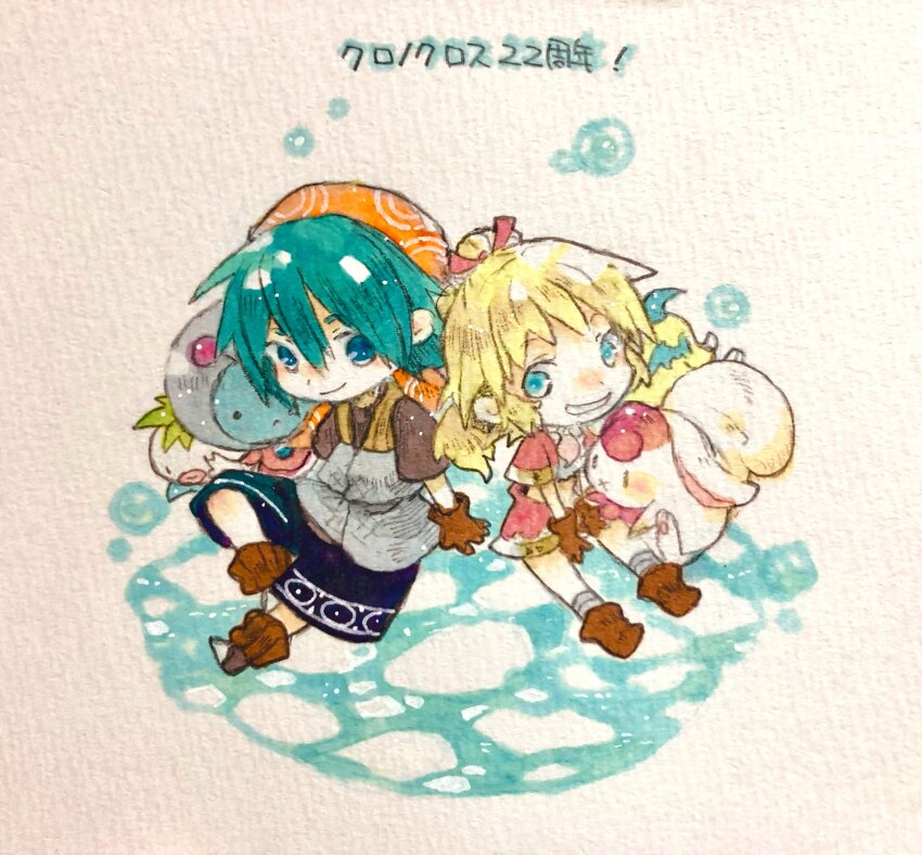 1boy 1girl absurdres bandana black_shorts blonde_hair blue_eyes blue_hair brown_gloves brown_shirt chibi chrono_cross closed_mouth commentary_request draggy_(chrono_cross) full_body gloves grin hair_between_eyes highres kid_(chrono_cross) looking_at_another looking_to_the_side orange_bandana pip_(chrono_cross) red_shorts serge_(chrono_cross) shirt short_hair shorts smile starky_(chrono_cross) tank_top tokio_(okt0w0) traditional_media turnip_(chrono_cross) vest white_tank_top white_vest