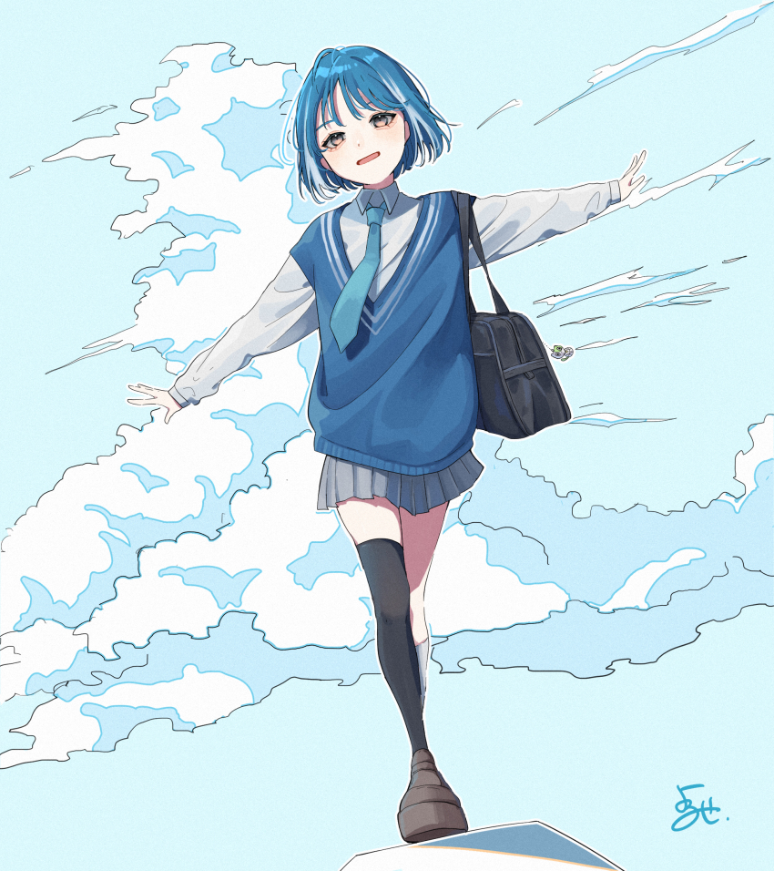 1girl aegyo_sal aqua_necktie asymmetrical_legwear bag black_bag black_thighhighs blue_background blue_hair blue_sweater_vest blue_theme boots brown_shoes charm_(object) cloud collared_shirt commentary_request cumulonimbus_cloud full_body grey_eyes grey_skirt highres looking_at_viewer multicolored_hair necktie open_mouth original outline partial_commentary pleated_skirt school_bag shirt shoes signature single_sock single_thigh_boot skirt socks solo streaked_hair sweater_vest thigh_boots thighhighs two-tone_hair uneven_legwear white_outline white_shirt white_socks yoruse