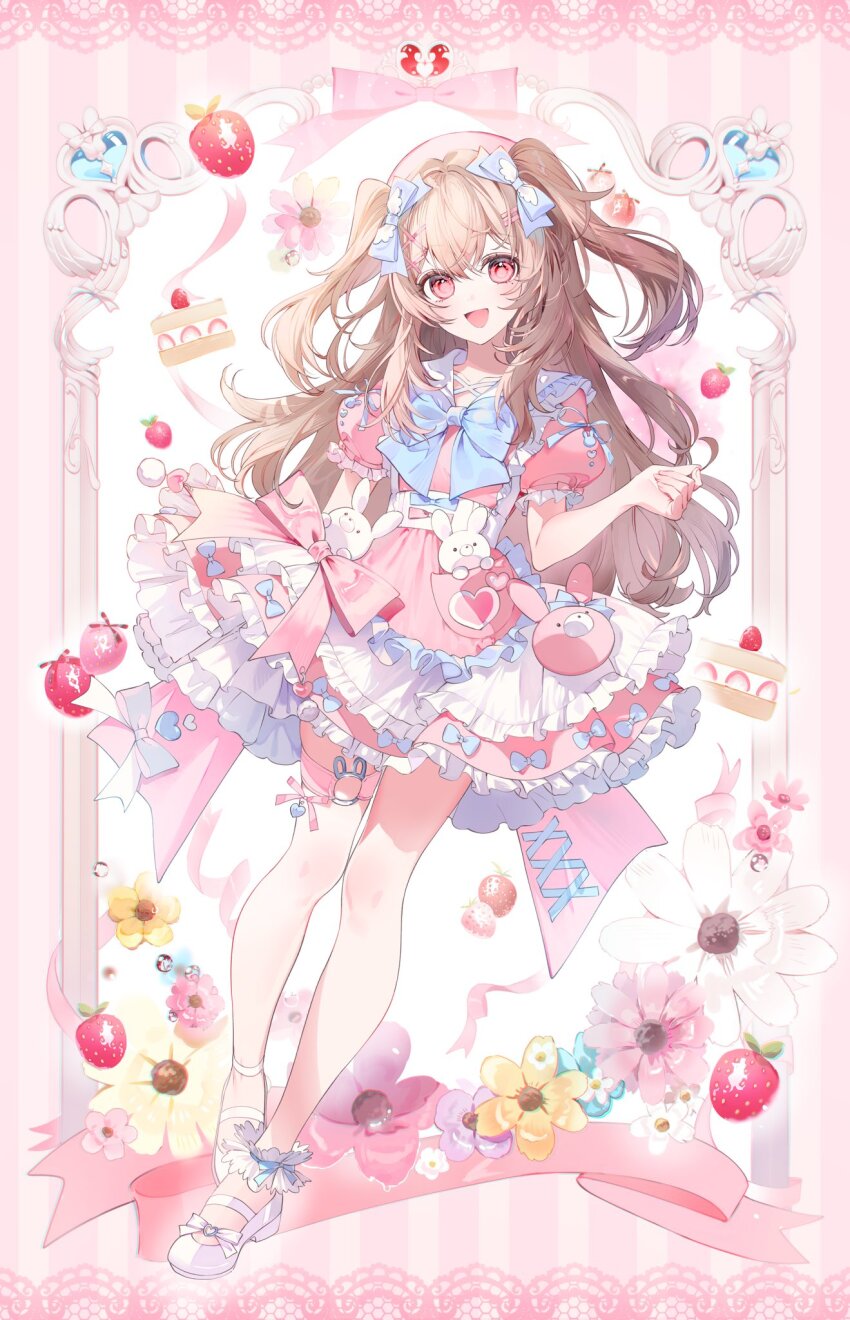 1girl a20_(atsumaru) blush bow bowtie brown_hair cake cake_slice commentary commission crossed_legs dress english_commentary flower food fruit full_body hair_bow highres layered_dress long_hair looking_at_viewer maid messy_hair open_mouth original pink_dress puffy_sleeves red_eyes sandals short_dress short_sleeves smile solo strawberry stuffed_animal stuffed_rabbit stuffed_toy thigh_strap two_side_up watson_cross wavy_hair