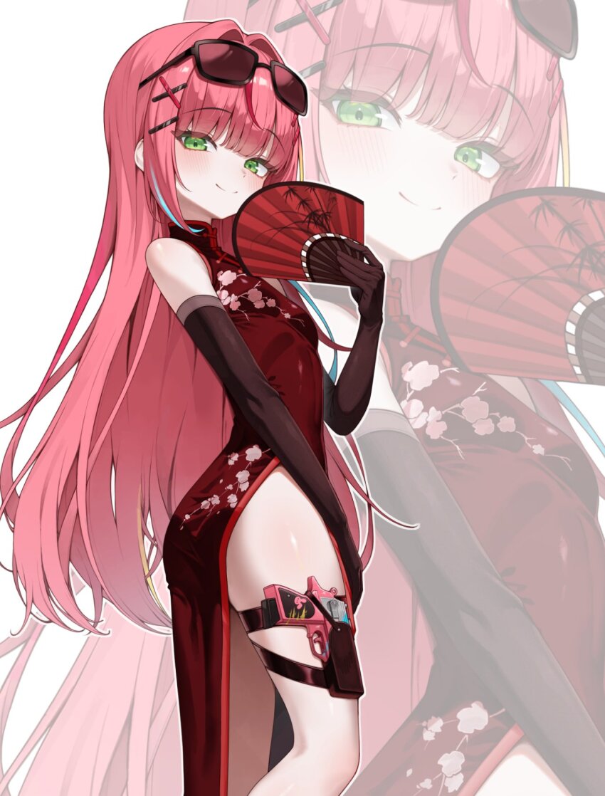 1girl bare_shoulders brown_gloves china_dress chinese_clothes closed_mouth dress ekta elbow_gloves eyewear_on_head folding_fan gloves green_eyes gun hanako_nana hand_fan handgun highres holding holding_fan holstered leg_holster long_hair looking_at_viewer pelvic_curtain pink_hair red_dress simple_background sleeveless sleeveless_dress smile solo standing stellive sunglasses thigh_strap thighs very_long_hair virtual_youtuber weapon white_background zoom_layer