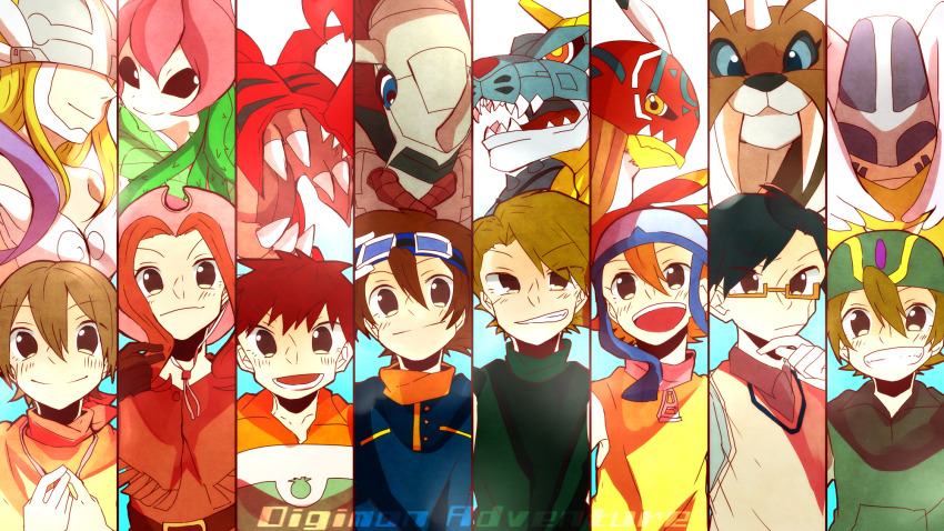 3girls 5boys angewomon atlurkabuterimon atlurkabuterimon_(red) digimon garudamon glasses highres holyangemon ishida_yamato izumi_koshiro kido_jo lilimon metalgarurumon multiple_boys multiple_girls tachikawa_mimi takaishi_takeru takenouchi_sora wargreymon yagami_hikari yagami_taichi zudomon