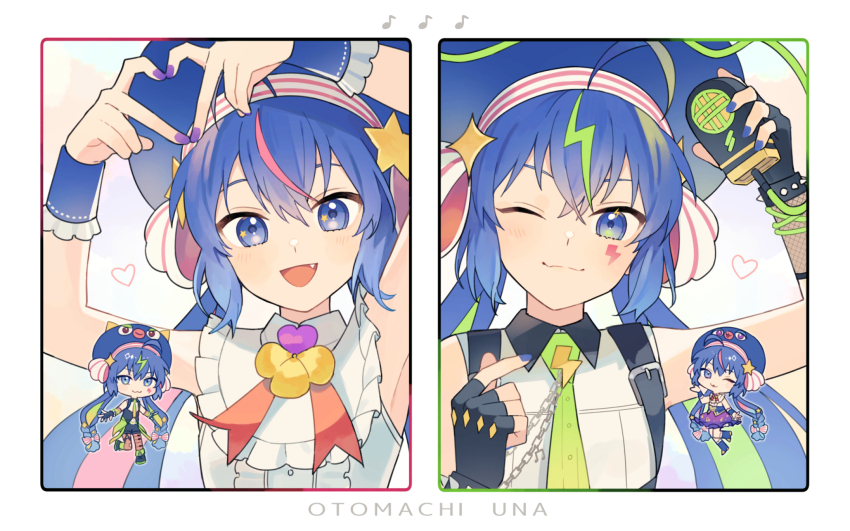 2girls :3 ahoge arm_up arms_up bare_arms bare_shoulders black_gloves blue_eyes blue_hair blue_hat blue_nails blue_wrist_cuffs blush bracelet buttons center_frills chain character_name chibi closed_mouth collared_shirt crossed_bangs dual_persona english_text facial_mark fang fingerless_gloves fishnet_gloves fishnets frilled_shirt frilled_wrist_cuffs frills gloves green_hair green_necktie hair_ornament hat heart heart_hands highres holding holding_microphone jewelry large_hat lightning_bolt_facial_mark lightning_bolt_symbol looking_at_viewer low_twintails microphone multicolored_hair multiple_girls nail_polish neck_ribbon necktie one_eye_closed open_mouth otomachi_una otomachi_una_(spicy) otomachi_una_(sugar) pink_hair purple_nails red_ribbon ribbon shirt sidelocks sleeveless sleeveless_shirt smile sparkle_hair_ornament spiked_bracelet spikes star_(symbol) star_hair_ornament star_in_eye streaked_hair suiso_sn3 symbol_in_eye teeth twintails upper_body vocaloid white_background white_shirt wrist_cuffs