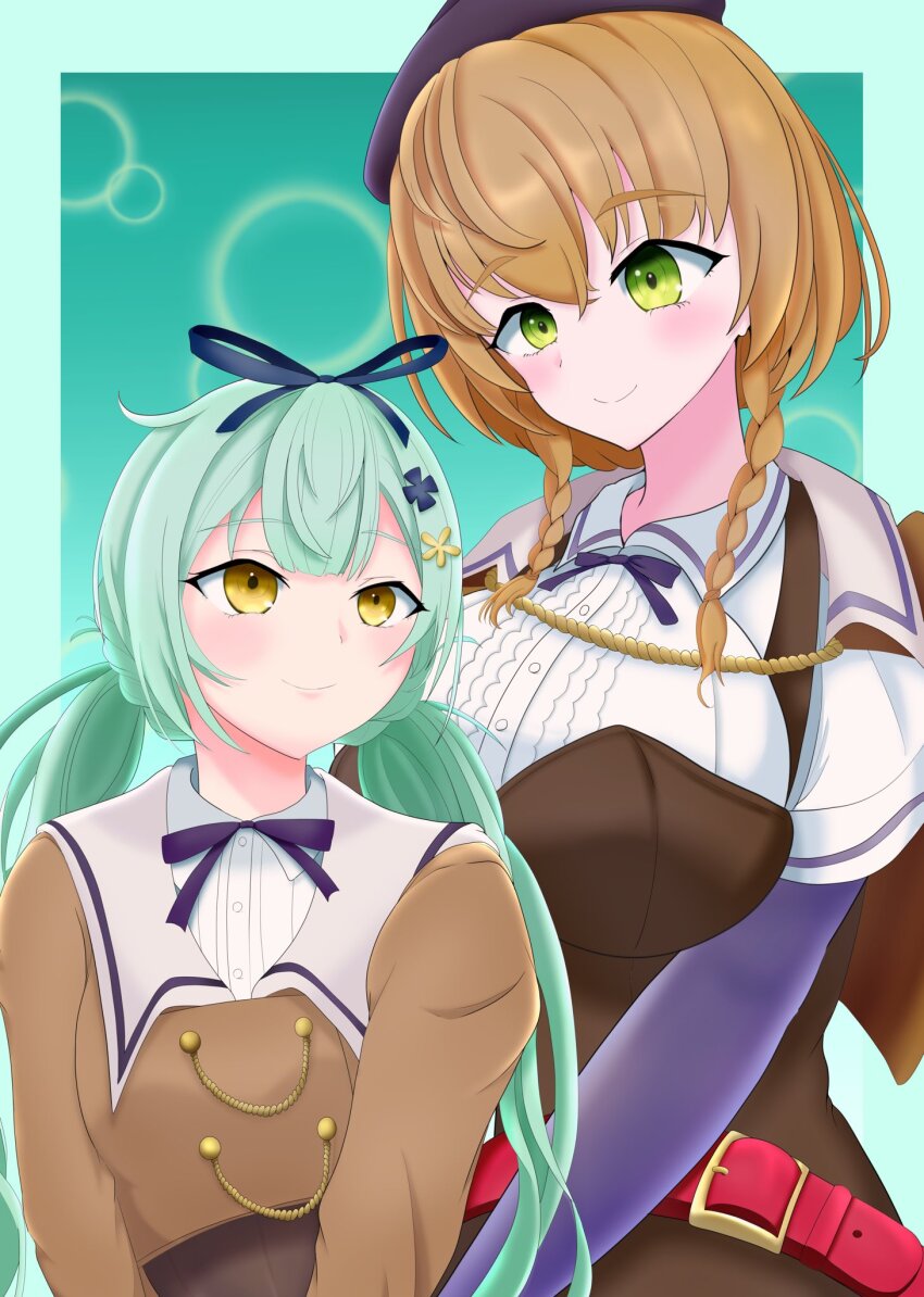2girls aqua_background aqua_border assault_lily behind_another belt belt_buckle beret black_hat black_ribbon blunt_bangs blush border braid breasts brown_dress brown_hair brown_jacket buckle buttons closed_mouth collared_shirt commentary_request cropped_jacket crossed_bangs dress flower gradient_background green_eyes green_hair hair_flower hair_ornament hair_ribbon hat height_difference highres hirotsu_yuuzutsu jacket jacket_on_shoulders large_breasts layered_sleeves long_hair long_sleeves looking_at_another looking_down looking_up low_twin_braids low_twintails multiple_girls neck_ribbon outside_border pinafore_dress purple_ribbon red_belt ribbon school_uniform shirt short_sleeves sleeveless sleeveless_dress smile standing toremo_rin twin_braids twintails ueda_imari upper_body white_shirt yellow_eyes yellow_flower