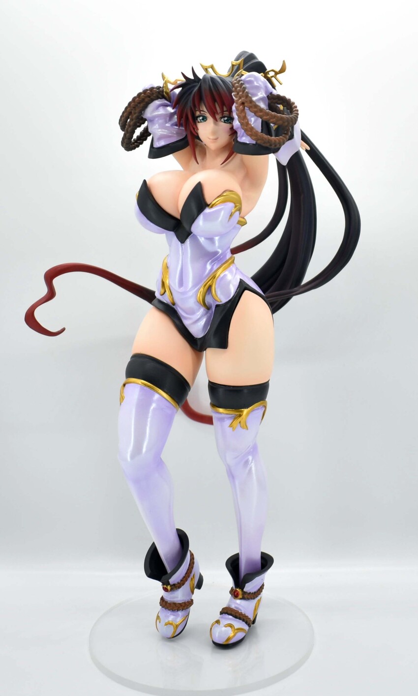 absurdres arms_up blue_eyes boots breasts covered_navel curvy dress figure gradient_hair highres huge_breasts long_hair multicolored_hair nanbu_kaguya navel og_saga_endless_frontier photo_(medium) short_dress super_robot_wars super_robot_wars_og_saga_mugen_no_frontier super_robot_wars_og_saga_mugen_no_frontier_exceed thick_thighs thighhighs thighs