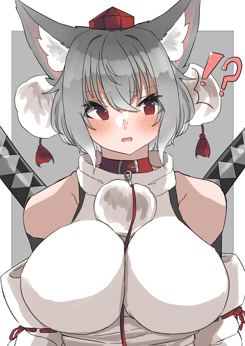 !? 1girl absurdres animal_collar animal_ear_fluff animal_ears arms_at_sides blush border breasts collar commentary_request crossed_bangs detached_sleeves grey_background grey_hair hair_between_eyes hat highres huge_breasts inubashiri_momiji leash leash_between_breasts multiple_swords open_mouth pom_pom_(clothes) red_collar red_eyes red_hat red_ribbon regua ribbon ribbon-trimmed_sleeves ribbon_trim shirt short_hair simple_background solo sword_hilt tokin_hat touhou upper_body white_border white_shirt wolf_ears wolf_girl