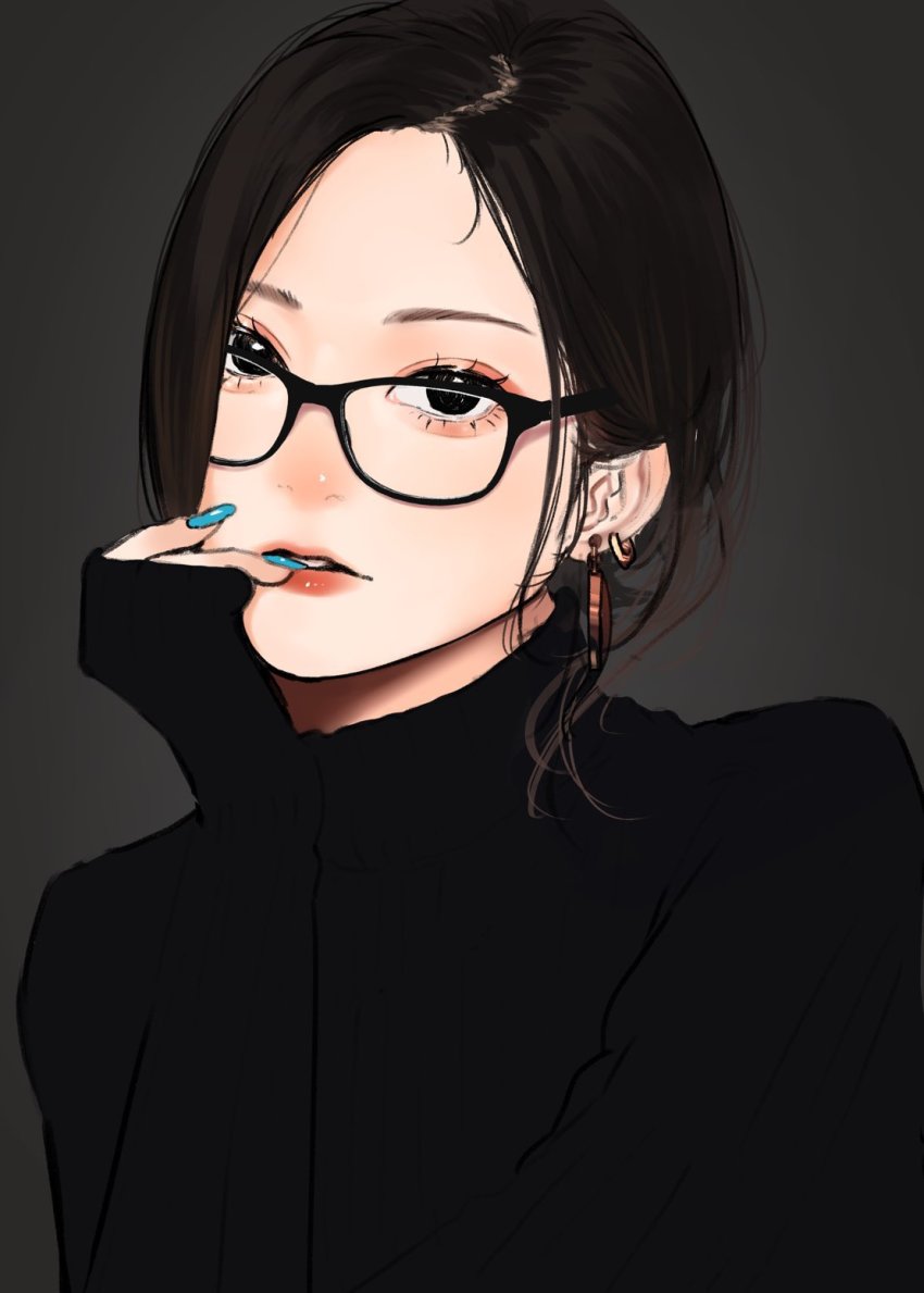 1girl black-framed_eyewear black_eyes black_sweater earrings glasses grey_background hand_up highres jewelry lips lipstick long_sleeves looking_at_viewer makeup nail_polish original parted_lips saitou_(lynx-shrike) short_hair solo sweater teeth turtleneck turtleneck_sweater upper_teeth_only
