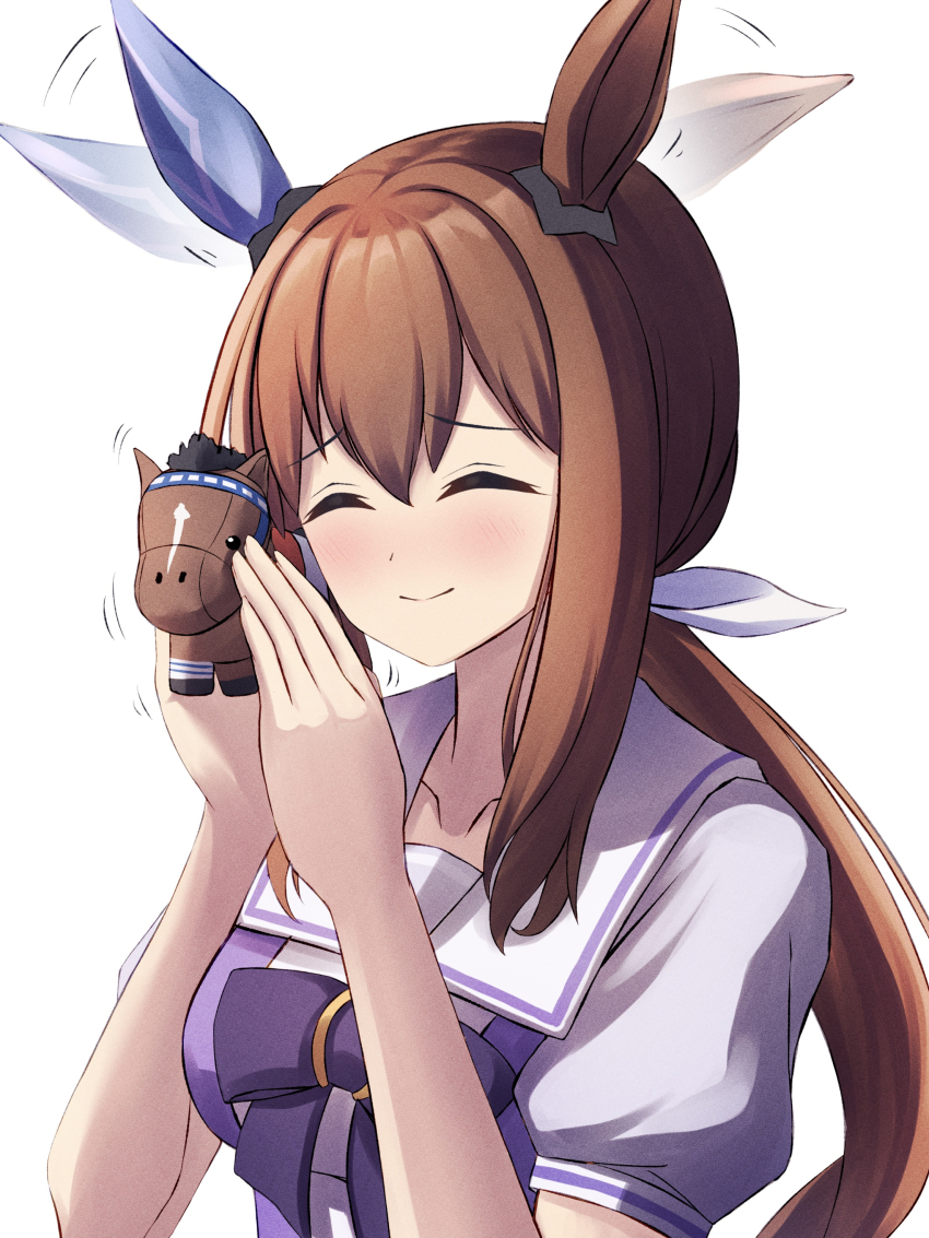1girl absurdres admire_vega_(racehorse) admire_vega_(umamusume) animal_ears blush bow bowtie brown_hair closed_eyes creature_and_personification ear_covers highres holding holding_stuffed_toy horse_ears horse_girl long_hair low_ponytail personification ponytail puffy_short_sleeves puffy_sleeves purple_bow purple_bowtie purple_shirt sailor_collar sailor_shirt school_uniform shirt short_sleeves simple_background single_ear_cover smile solo sonicxeon stuffed_animal stuffed_horse stuffed_toy tracen_school_uniform umamusume upper_body white_background