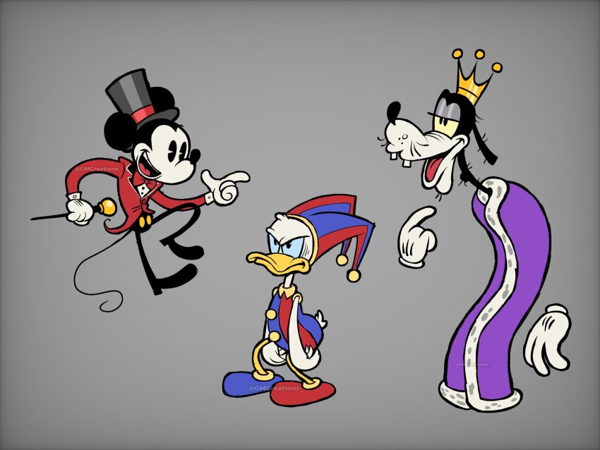 3boys animal_ears bow bowtie caine_(the_amazing_digital_circus) cane commentary cosplay crown disney donald_duck english_commentary full_body gmcreations goofy grey_background hat highres holding holding_cane kinger_(the_amazing_digital_circus) male_focus mickey_mouse mickey_mouse_&amp;_friends mouse_boy mouse_ears mouse_tail multiple_boys no_humans pomni_(the_amazing_digital_circus) pomni_(the_amazing_digital_circus)_(cosplay) purple_robe red_bow red_bowtie red_vest robe simple_background smile standing tail the_amazing_digital_circus top_hat vest