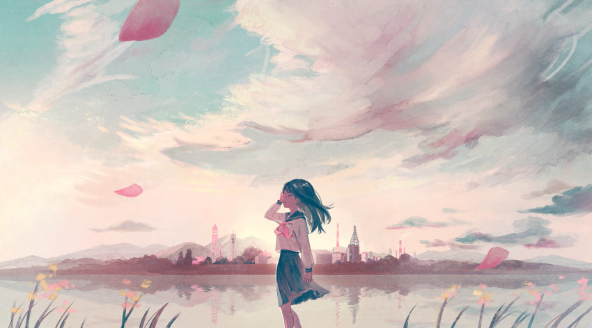 1girl aqua_hair aqua_sailor_collar aqua_shirt arm_at_side blue_sky closed_eyes closed_mouth cloud cloudy_sky commentary_request day falling_petals feet_out_of_frame floating_hair flower from_side grass hand_in_own_hair hand_up harucoro25 highres landscape long_hair medium_skirt mountainous_horizon original outdoors petals pink_sailor_collar pleated_skirt power_plant reflection reflective_water river sailor_collar scenery school_uniform serafuku shirt skirt sky smile smokestack solo water white_shirt wide_shot wind yellow_flower