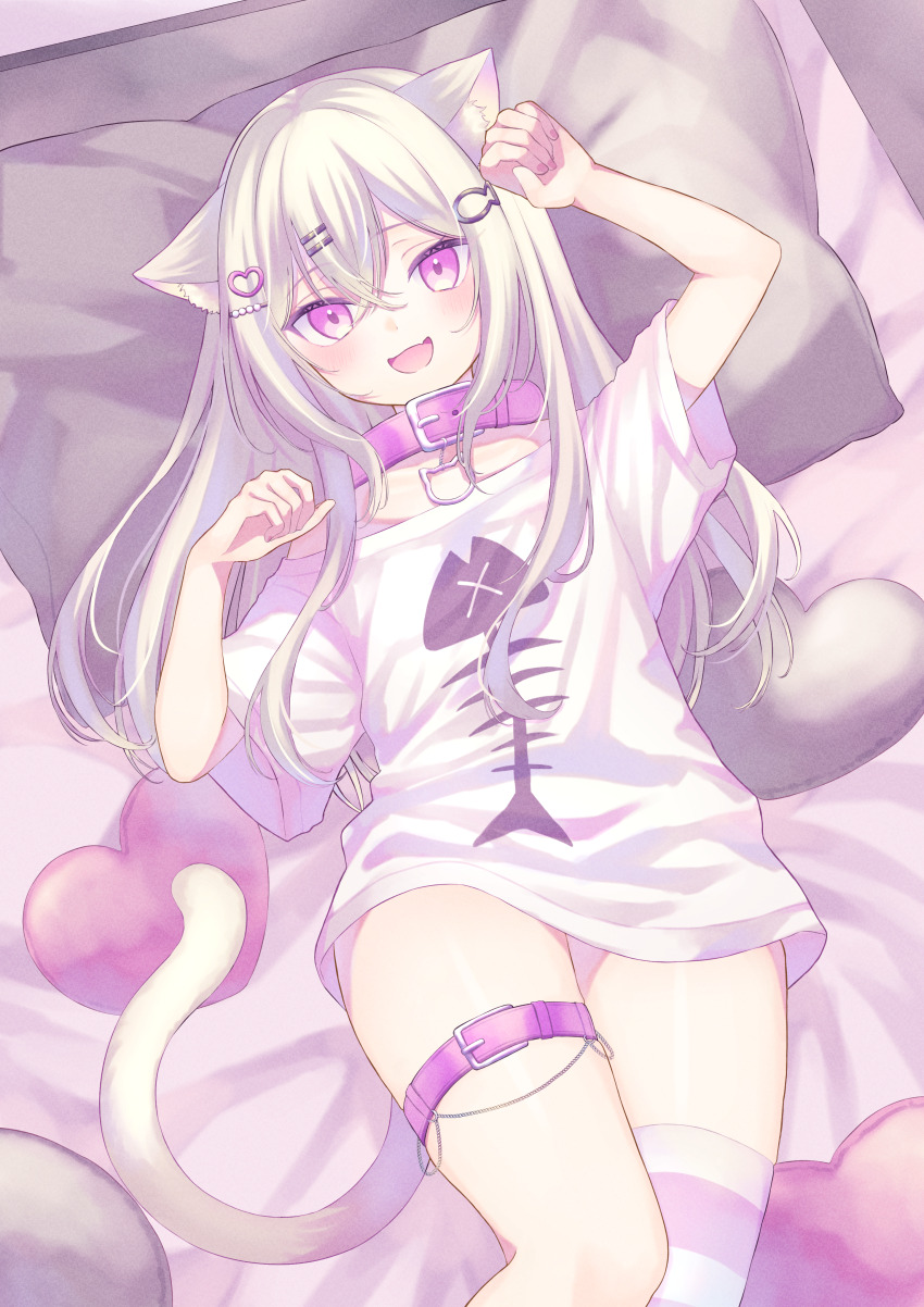 1girl :d absurdres animal_ear_fluff animal_ears cat_ears cat_girl cat_tail erunoto fang fish_skeleton_print highres indie_virtual_youtuber long_hair looking_at_viewer lying mitarai_komoru no_pants off_shoulder on_back on_bed open_mouth paw_pose pillow pink_eyes pink_thighhighs shirt single_thighhigh skin_fang smile striped_clothes striped_thighhighs tail thighhighs virtual_youtuber white_shirt white_thighhighs