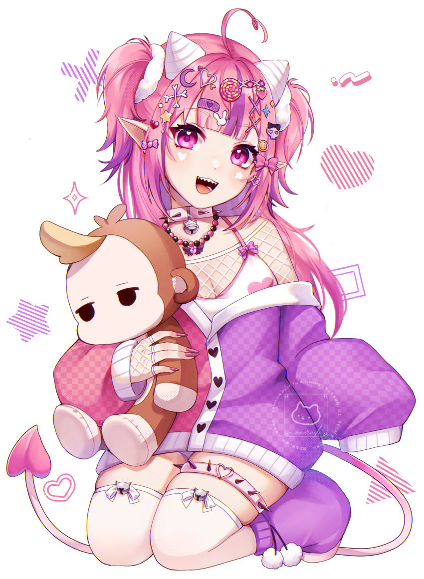 absurdres ahoge bandaid bandaid_hair_ornament bone_hair_ornament breasts candy_hair_ornament cdawgva character_doll cleavage collar crescent crescent_hair_ornament demon_girl demon_horns demon_tail fingerless_gloves fishnet_gloves fishnet_top fishnets food-themed_hair_ornament gloves hair_ornament heart heart_hair_ornament heart_o-ring highres horns ironmouse ironmouse_outfit_art_contest jacket large_breasts leg_warmers lollipop_hair_ornament long_hair looking_at_viewer miracle_(waaaracle) multicolored_hair nail_polish o-ring o-ring_thigh_strap pink_hair pointy_ears purple_eyes purple_hair purple_jacket purple_leg_warmers purple_nails rabbit_hair_ornament sharp_teeth shirt skull_hair_ornament sleeves_past_fingers sleeves_past_wrists spiked_collar spikes star_(symbol) star_hair_ornament strawberry_hair_ornament streaked_hair stuffed_monkey tail teeth thigh_strap thighhighs virtual_youtuber vshojo white_collar white_shirt white_thighhighs x_hair_ornament