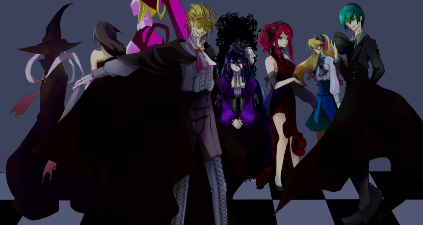 arc_system_works bare_shoulders black_hair blazblue blazblue:_calamity_trigger blazblue:_continuum_shift blonde_hair breasts coat dress formal_clothes green_eyes green_hair hades_izanami hat hazama heterochromia ignis_(blazblue) litchi_faye_ling mask mikado_(blazblue) mu-12 orange_eyes phantom_(blazblue) purple_hair red_hair relius_clover suit tsubaki_yayoi yellow_eyes