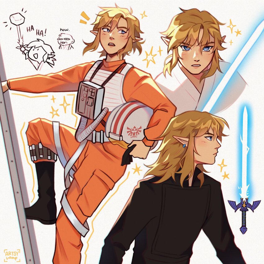 2boys artsyvampp blonde_hair blue_eyes blue_lightsaber chibi chibi_inset cosplay crossover earrings energy_sword english_text helmet highres jedi jewelry lightsaber link looking_at_viewer luke_skywalker luke_skywalker_(cosplay) male_focus master_sword medium_hair multiple_boys multiple_views nintendo open_mouth pilot_helmet pointy_ears robe short_hair sparkle star_wars star_wars:_a_new_hope star_wars:_return_of_the_jedi sword the_legend_of_zelda weapon