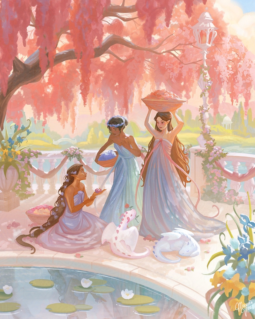 3girls bare_shoulders basket basket_on_head blue_dress blue_flower blue_ribbon braid braided_ponytail bridge cherry_blossoms commentary dappled_sunlight dark-skinned_female dark_skin day dragon dragon_wings dress elf english_commentary flower flower_in_mouth garland_(decoration) gazebo hair_flower hair_ornament head_wreath highres holding holding_basket kneeling lake lily_pad long_hair looking_at_another maxine_vee mountainous_horizon multiple_girls original outdoors pink_flower pink_ribbon plant pointy_ears pond potted_plant purple_dress reflection reflective_water ribbon short_hair sky sleeping_animal small_dragon standing strapless strapless_dress stream sunlight tree very_long_hair water_lily_flower white_scales wings yellow_flower yellow_sky