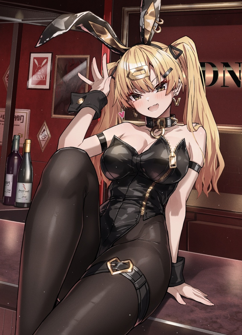 1girl animal_ears bare_shoulders black_gold_bunny_(takanashi_kei) black_leotard blonde_hair blush breasts brown_eyes cleavage fake_animal_ears highleg highleg_leotard highres large_breasts leotard long_hair looking_at_viewer open_mouth original pantyhose playboy_bunny rabbit_ears smile solo takanashi_kei_(hitsujikan) twintails wrist_cuffs