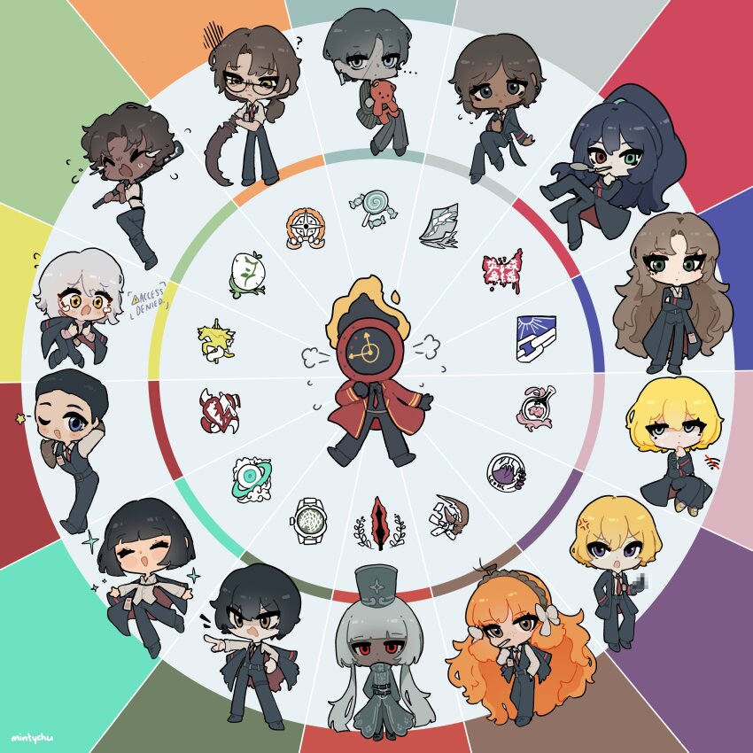 &gt;_&lt; ... 1other 6+boys 6+girls :d ? ^_^ absurdres anger_vein animal animal_on_head aqua_eyes arm_behind_head arthropod_limbs artist_name baseball_bat beard_stubble belt belt_buckle black_belt black_coat black_eyes black_gloves black_hair black_jacket black_pants black_shoes black_vest blonde_hair blue_eyes blunt_bangs blunt_ends blush body_switch bow brown_eyes brown_hair brown_hairband brown_shoes buckle bug carrying_over_shoulder censored censored_gesture character_logo charon_(project_moon) chibi cigarette clock closed_eyes closed_mouth coat coat_on_shoulders cockroach collared_shirt colored_skin commentary crossed_arms crying crying_with_eyes_open dante_(limbus_company) dark-skinned_female dark-skinned_male dark_skin don_quixote_(project_moon) dress earrings empty_eyes english_commentary everyone eye_color_switch eyes_visible_through_hair facial_hair facial_scar faust_(project_moon) flaming_head flying_sweatdrops freckles glasses gloves gregor_(project_moon) grey_dress grey_hair grey_hat grey_pants grey_shirt grey_skin hair_bow hairband half_updo hand_in_pocket hand_on_own_chin hat heathcliff_(project_moon) heterochromia highres holding holding_baseball_bat holding_jacket holding_stuffed_toy holding_unworn_clothes holding_weapon hong_lu_(project_moon) hugging_object id_card insect invisible_chair ishmael_(project_moon) jacket jacket_over_shoulder jewelry jitome knees_together_feet_apart limbus_company long_hair long_sleeves looking_at_viewer low_twintails medium_hair meursault_(project_moon) middle_finger minty_chu mosaic_censoring multiple_boys multiple_girls necktie object_head on_head one_eye_closed open_clothes open_coat open_mouth orange_hair outis_(project_moon) outstretched_arms pants personality_switch pink_sweater pointing ponytail project_moon prosthesis prosthetic_leg puff_of_air purple_eyes red_coat red_eyes red_necktie rodion_(project_moon) ryoshu_(project_moon) scar scar_on_arm scar_on_cheek scar_on_face shako_cap shirt shoes short_hair signature sinclair_(project_moon) sitting smile smoke smoking sparkle standing striped_clothes striped_shirt stubble stuffed_animal stuffed_toy sweat sweater tears teddy_bear twintails unworn_jacket v-shaped_eyebrows vergilius_(project_moon) vertical-striped_clothes vertical-striped_shirt vest weapon white_bow white_hair wi-fi_symbol wide-eyed wing_collar wink_star yellow_eyes yi_sang_(project_moon)
