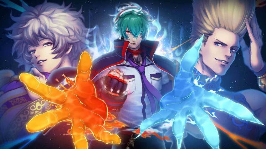 3boys blonde_hair blouse blue_eyes disembodied_hand fingerless_gloves gloves green_hair half-closed_eyes headphones highres meitenkun multiple_boys necktie nikaidou_benimaru official_art shirt shun&#039;ei the_king_of_fighters the_king_of_fighters_xv white_hair white_shirt