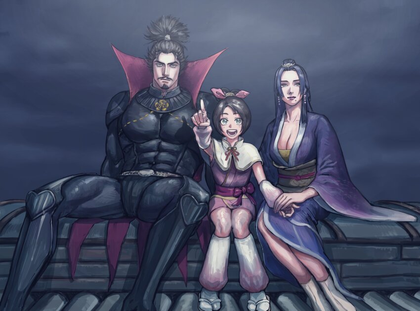 1boy 2girls arm_warmers armor black_hair breasts brother_and_sister cleavage cloud cloudy_sky commentary_request covered_abs facial_hair goatee grey_eyes highres japanese_clothes kimono large_breasts mole mole_under_mouth multiple_girls night night_sky nouhime_(sengoku_musou) oda_nobunaga_(sengoku_musou) oichi_(sengoku_musou) on_rooftop open_mouth pink_kimono pointing purple_kimono rooftop sandals sengoku_musou short_kimono siblings sitting sky smile socks tobo_katsuo topknot white_socks
