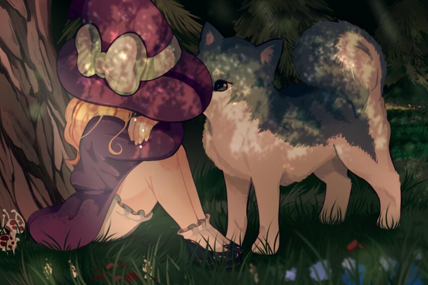 1girl 1other arms_on_knees blonde_hair bloomers bow clem_(calmeremerald) crossed_arms crying dog dress forest grey_eyes grey_fur hat in_tree kirisame_marisa kirisame_marisa_(pc-98) mary_janes mitsugashira_enoko mitsugashira_enoko_(dog) mushroom nature pine_tree purple_dress purple_hat shoes sitting sitting_in_tree solo touhou touhou_(pc-98) tree underwear white_bloomers white_bow white_fur witch_hat