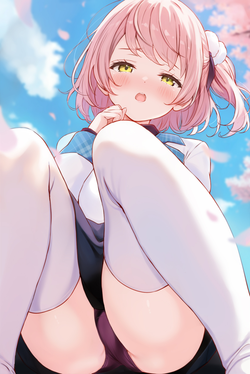 1girl :o ass black_skirt blue_sky blush cloud commentary_request crotch day highres knees_up komone_ushio looking_at_viewer open_mouth original outdoors panties pink_hair purple_panties sakurase_akari_(komone_ushio) shirt side_ponytail sitting skirt sky solo thighhighs thighs underwear white_shirt white_thighhighs yellow_eyes