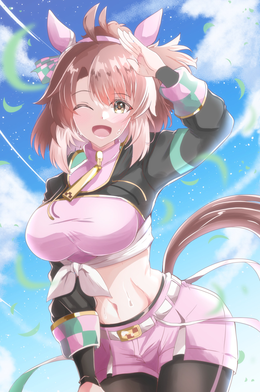 1girl absurdres ahoge animal_ears belt blush breasts brown_eyes brown_hair cloud commentary_request dantsu_flame_(umamusume) hair_ornament headband highres horse_ears horse_girl horse_tail kentan_(kingtaiki) large_breasts leaf looking_at_viewer medium_hair midriff open_mouth pantyhose sky sweat tail umamusume