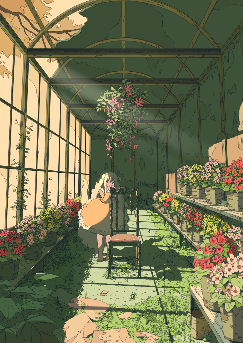 1girl abandoned animal_ears barefoot branch broken_wall building chair debris dog_ears dog_tail dress fern floppy_ears flower hanging_plant highres long_hair long_sleeves mii_shintaro moss original plant potted_plant scenery shadow standing sunlight tail very_long_hair vines wooden_beam yellow_dress