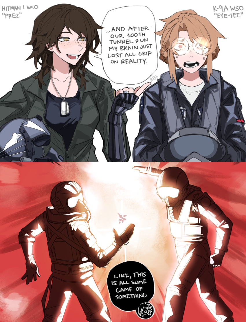 2boys 2girls aircraft airplane brown_eyes brown_hair driver_(project_wingman) english_text epic_handshake_(meme) explosion eye-tee_(project_wingman) fighter_jet fingerless_gloves flight_suit freckles g-suit glasses gloves handshake heartbreak_juan helmet highres holding holding_helmet jewelry medium_hair meme military_vehicle monarch_(project_wingman) multiple_boys multiple_girls pilot pilot_helmet prez_(project_wingman) project_wingman ring speech_bubble surprised sweatdrop