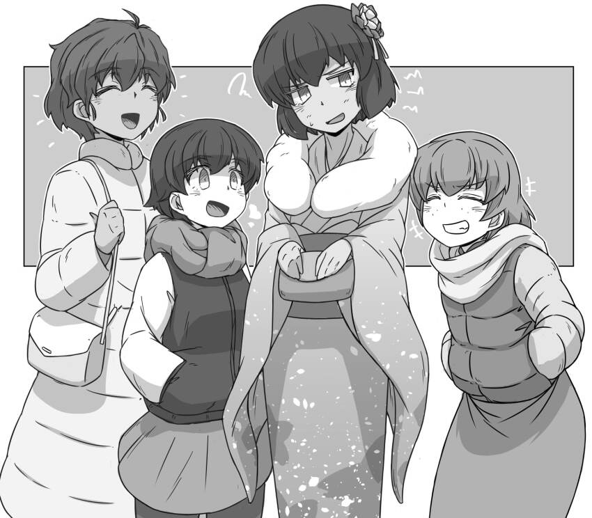 +++ 4girls bag bob_cut carrying closed_eyes coat commentary dark-skinned_female dark_skin false_smile flower freckles fur_scarf furisode girls_und_panzer greyscale hair_flower hair_ornament handbag hands_in_pockets heart highres holding hoshino_(girls_und_panzer) jacket japanese_clothes kimono leaning_forward long_sleeves looking_at_another medium_skirt miniskirt monochrome multiple_girls nakajima_(girls_und_panzer) notice_lines obi open_mouth pantyhose renshiu sash scarf short_hair skirt smile squiggle standing suzuki_(girls_und_panzer) sweatdrop tsuchiya_(girls_und_panzer) wide_sleeves winter_clothes