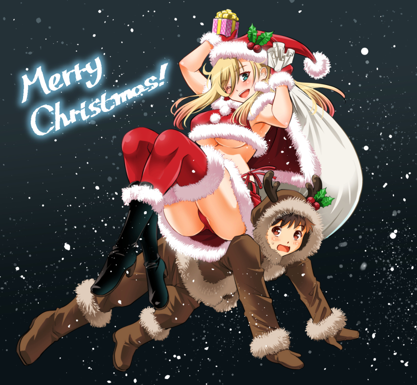 1boy 1girl ;d all_fours animal_costume bikini black_footwear blonde_hair blush boots breasts brown_hair capelet christmas commentary_request dark_background fur-trimmed_bikini fur-trimmed_boots fur-trimmed_capelet fur-trimmed_headwear fur-trimmed_skirt fur-trimmed_thighhighs fur_trim gift gradient_background hat highres holding holding_gift holding_sack kuzuryuu_hanako long_hair looking_at_viewer merry_christmas one_eye_closed open_mouth panties pantyshot red_bikini red_capelet red_hat red_panties red_skirt red_thighhighs reindeer_costume sack santa_bikini santa_capelet santa_costume santa_hat saotome_hodaka short_hair sitting sitting_on_person skirt smile snowing sogabe_toshinori sweat swimsuit thighhighs underboob underwear yankee_jk_kuzuhana-chan