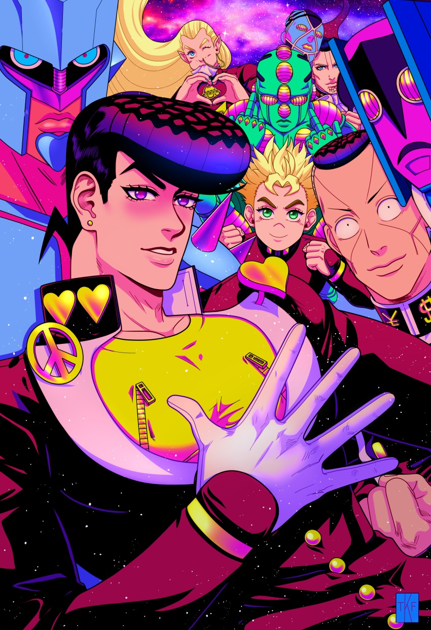 absurdres aqua_eyes blonde_hair blue_hair clenched_hand clenched_hands crazy_diamond dollar_sign ear_piercing earrings eating echoes_(stand) echoes_act3 facial_hair facial_mark fungami_yuya gakuran gloves green_eyes hazekura_mikitaka heart higashikata_josuke highres highway_star_(stand) hirose_koichi jewelry jojo_no_kimyou_na_bouken long_hair middle_finger nijimura_okuyasu nose_piercing peace_symbol piercing pointy_ears pompadour purple_eyes purple_hair school_uniform single_glove sky smile stand_(jojo) star_(sky) starry_sky stud_earrings tariah_furlow the_hand_(stand) white_gloves yen_sign zipper