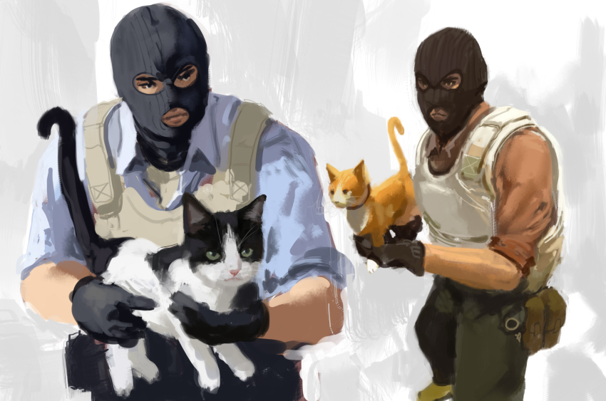 2boys ammunition_pouch animal black_eyes black_gloves blue_shirt brown_pants bulletproof_vest cat closed_mouth counter-strike counter-strike_(series) counter-strike_2 gloves gradient_background grey_background highres holding holding_animal holding_cat looking_at_another meme multiple_boys pants pouch red_shirt rythayze shirt shoes standing terrorist vest white_vest yellow_shoes