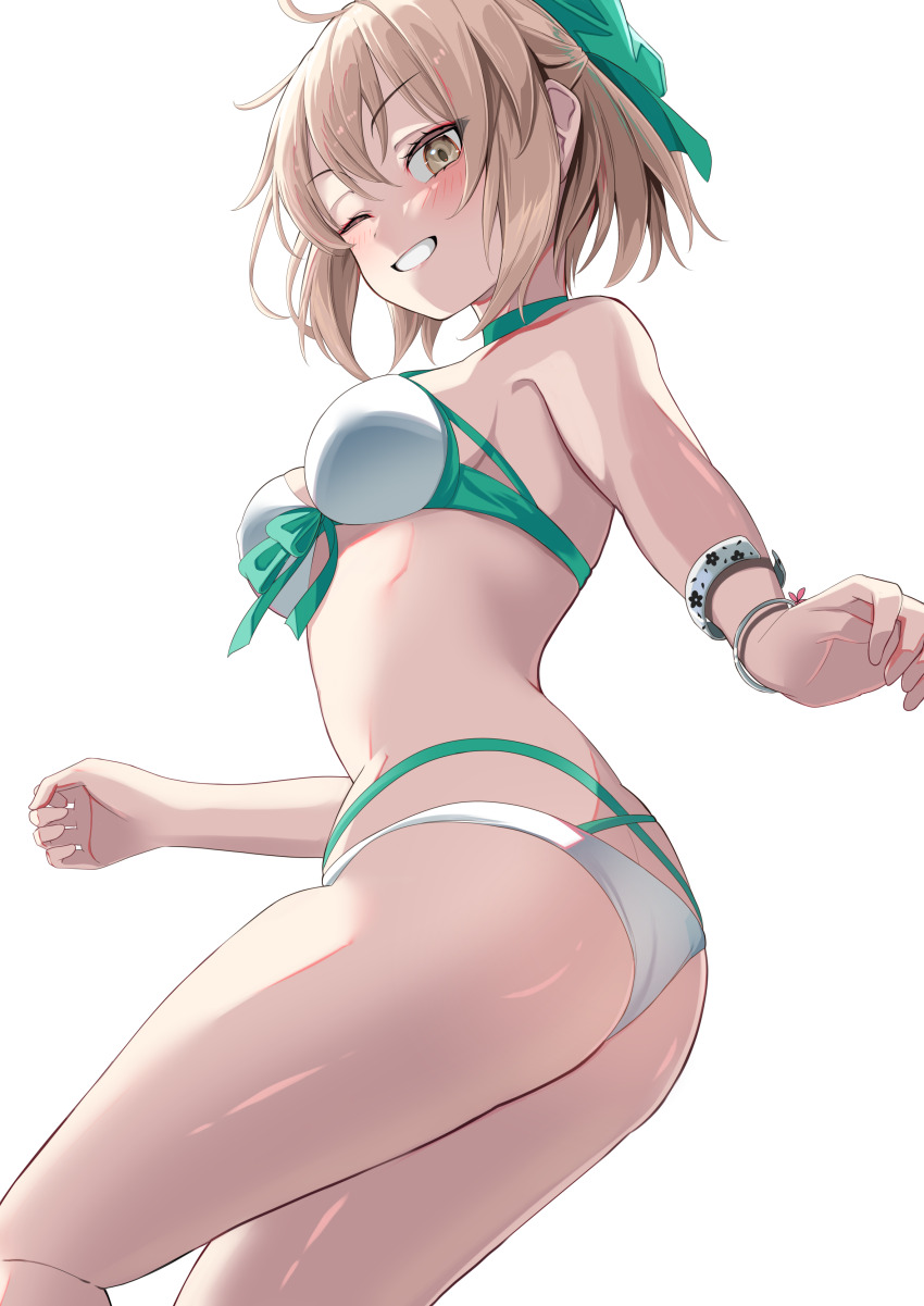 1girl absurdres ahoge aqua_bow ass bare_shoulders bikini blonde_hair bow breasts fate/grand_order fate_(series) grin hair_bow half_updo highleg highleg_bikini highres large_breasts looking_at_viewer nigori_(keydoor) okita_j._souji_(fate) okita_j._souji_(third_ascension)_(fate) okita_souji_(fate) one_eye_closed short_hair smile solo swimsuit thighs white_bikini yellow_eyes