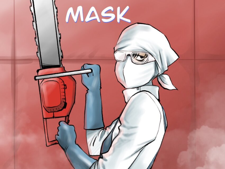 apron black_lagoon chainsaw frederica_sawyer gloves goggles ida_tatsuhiko looking_at_viewer mouth_mask rubber_gloves surgeon surgical_cap surgical_mask