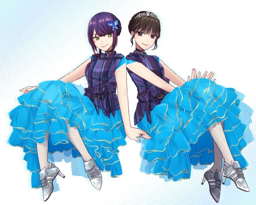 2girls actor actor_connection alternate_hair_length alternate_hairstyle arm_at_side assault_lily bare_arms belt belt_buckle black_belt black_choker blue_background blue_dress braid brown_eyes brown_hair buckle butterfly_hair_ornament choker closed_mouth commentary cosplay dress full_body funada_kiito gradient_background green_eyes grey_shoes hair_ornament halftone halftone_background hands_on_own_knees hands_up high_heels invisible_chair ishii_haruna ishii_haruna_(cosplay) jewelry layered_dress looking_at_another looking_to_the_side matching_outfits mole mole_under_eye multiple_girls nigari_(ngari_0115) outstretched_arms pantyhose purple_hair purple_shirt real_life ring shirt shoes short_hair side-by-side side_braid sideways_glance single_braid sitting sleeveless sleeveless_dress sleeveless_shirt smile symbol-only_commentary tiara white_background white_pantyhose