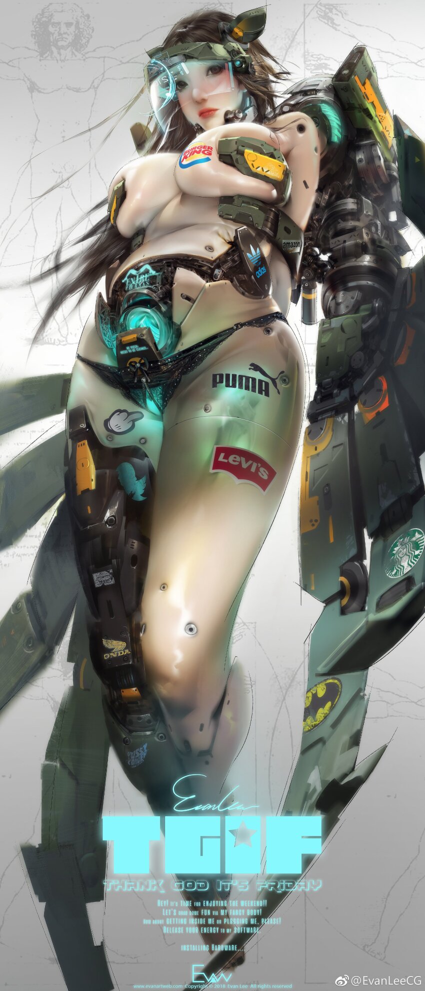 1girl absurdres adidas android barcode batman_symbol breasts brown_hair burger_king cyborg english_text evan_lee highres honda large_breasts levi&#039;s lips long_hair looking_at_viewer mecha_musume mechabare pasties puma_(brand) science_fiction solo starbucks tgif_(evan_lee)