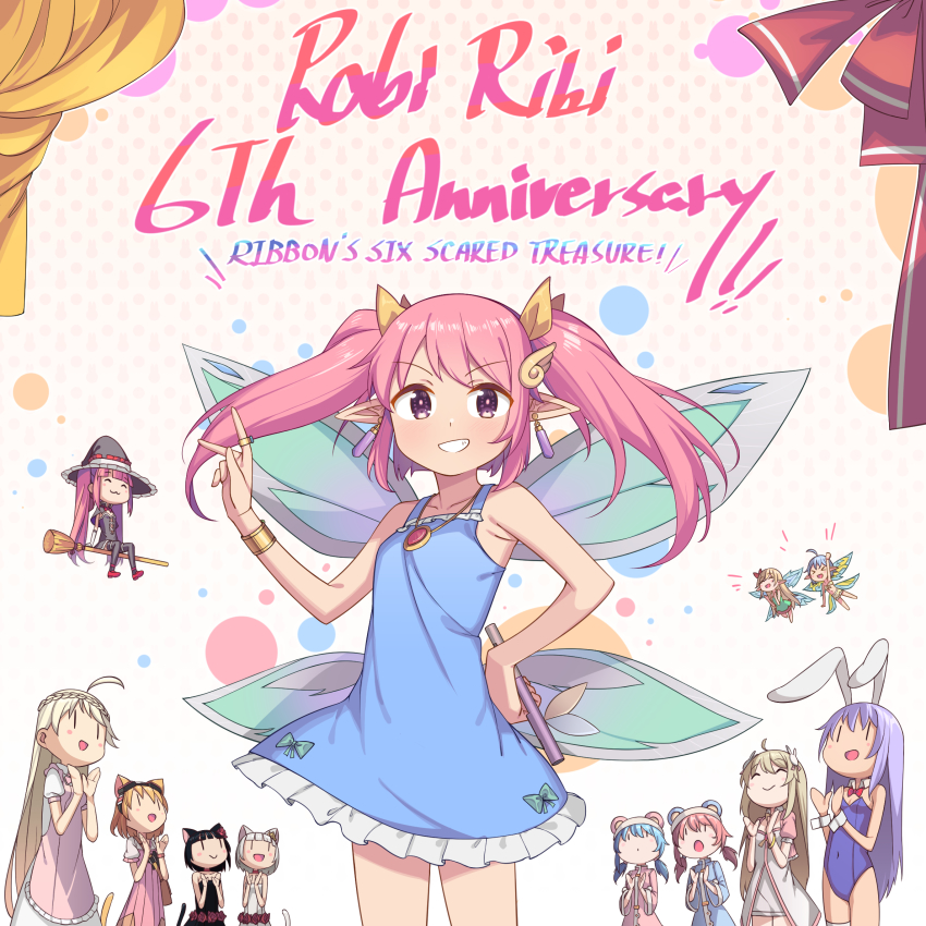 6+girls anniversary ashuri_(rabi-ribi) bare_arms bare_shoulders blue_dress bracelet chibi chocolate_(rabi_ribi) cocoa_(rabi_ribi) commentary copyright_name dress earrings english_commentary english_text erina_(rabi-ribi) fairy_wings flute frilled_dress frills grin hair_ornament hairclip hand_on_hip highres instrument jewelry lilli_(rabi-ribi) long_hair looking_at_viewer miriam_(rabi_ribi) multiple_girls necklace nieve_(rabi_ribi) nixie_(rabi_ribi) official_art pink_eyes pink_hair pixie_(rabi-ribi) pointy_ears rabi-ribi ribbon_(rabi-ribi) ring rumi_(rabi_ribi) saiste sleeveless sleeveless_dress smile twintails vanilla_(rabi_ribi) wing_hair_ornament wings |_|