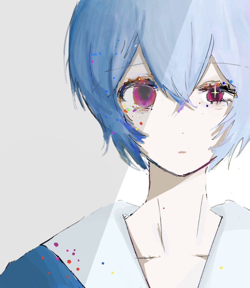 1girl :| ayanami_rei blue_hair closed_mouth collarbone crossed_bangs hair_between_eyes highres light_blue_hair neon_genesis_evangelion pink_eyes school_uniform short_hair solo straight-on tokyo-3_middle_school_uniform uf_hil uneven_eyes upper_body