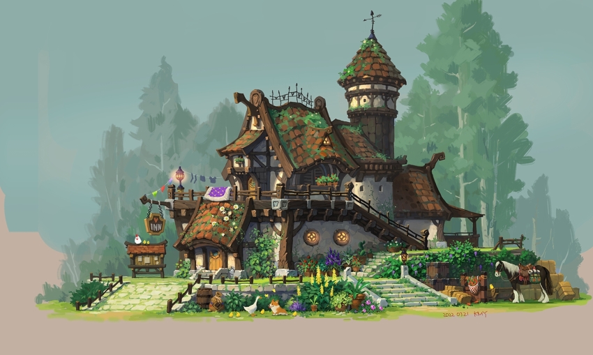 barrel bench bird chicken dated day dog door flower goose hay_bale horse house inn kmydoodler lantern moss no_humans outdoors plant railing saddle scenery stairs tree trough vines window