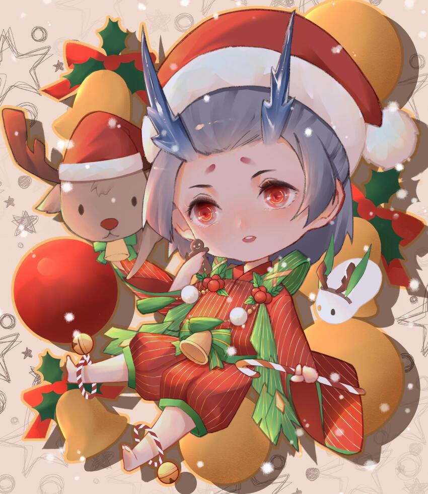 1boy :o absurdres barefoot bell brown_background candy candy_cane chibi christmas deer food full_body grey_hair hat highres holding holding_candy holding_candy_cane holding_food horns japanese_clothes kariginu long_sleeves onmyoji pants puffy_pants red_eyes red_hair red_pants santa_costume santa_hat striped_clothes striped_pants vertical-striped_clothes vertical-striped_pants wide_sleeves yi_er_san yuki_douji_(onmyoji)