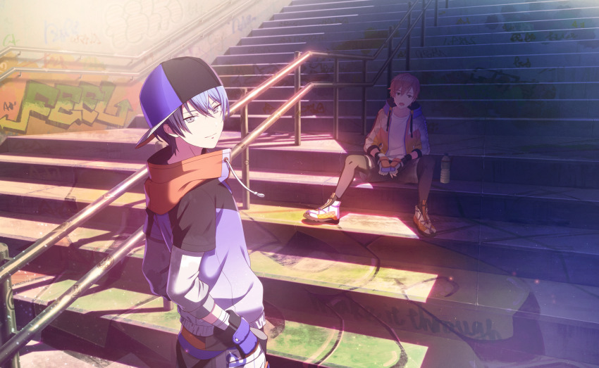 2boys aoyagi_touya backwards_hat black_pants blue_hair bottle bout_for_beside_you_(project_sekai) closed_mouth colorful_palette d: game_cg gloves graffiti grey_eyes hat highres hood hoodie in_tree jacket looking_at_viewer male_focus multicolored_hair multicolored_hoodie multiple_boys official_alternate_costume official_art open_clothes open_jacket open_mouth orange_hair pants project_sekai shinonome_akito shirt shoes sitting sitting_in_tree smile split-color_hair third-party_source tree two-tone_hair water_bottle white_shirt white_shoes