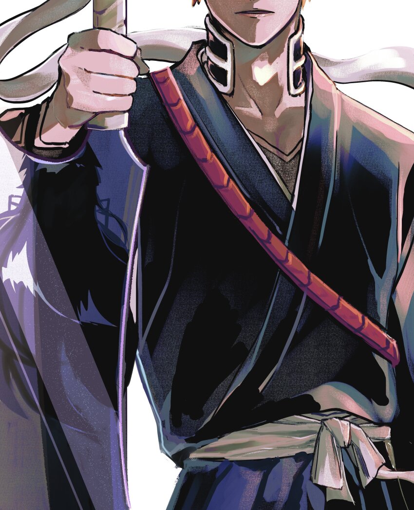 1boy absurdres bandaged_weapon black_kimono bleach bleach:_sennen_kessen-hen commentary_request head_out_of_frame highres holding holding_sword holding_weapon japanese_clothes kimono kurosaki_ichigo male_focus orange_hair parted_lips short_hair siji105 simple_background solo sword weapon white_background zanpakutou