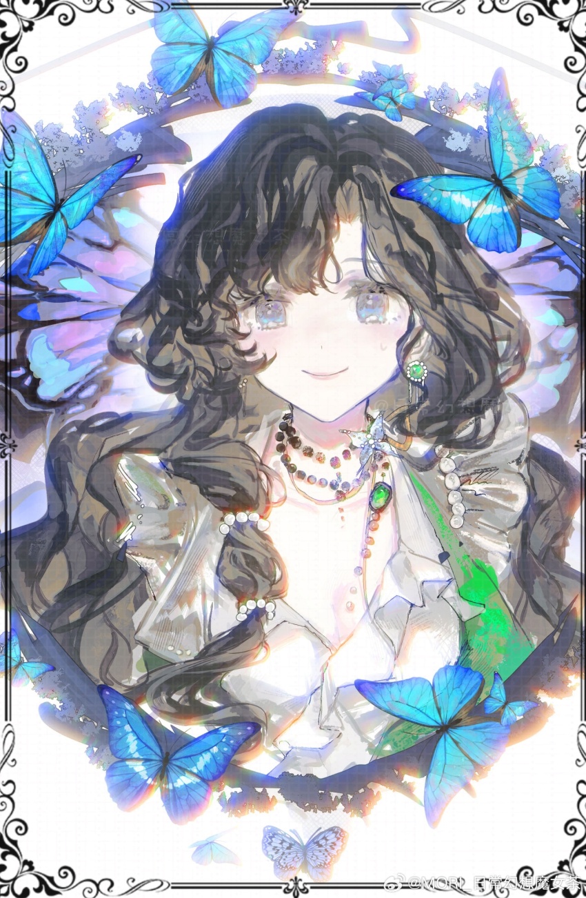 1girl black_hair blue_butterfly border breasts bug butterfly cleavage closed_mouth cropped_torso earrings gem green_gemstone grey_jacket highres insect isolde_(and_all_that_jazz)_(reverse:1999) isolde_(reverse:1999) jacket jewelry long_hair necklace official_alternate_costume ornate_border pearl_necklace purple_eyes reverse:1999 richang_huanxiang_monu_cha shirt smile solo straight-on too_many too_many_butterflies upper_body watermark weibo_watermark white_background white_shirt