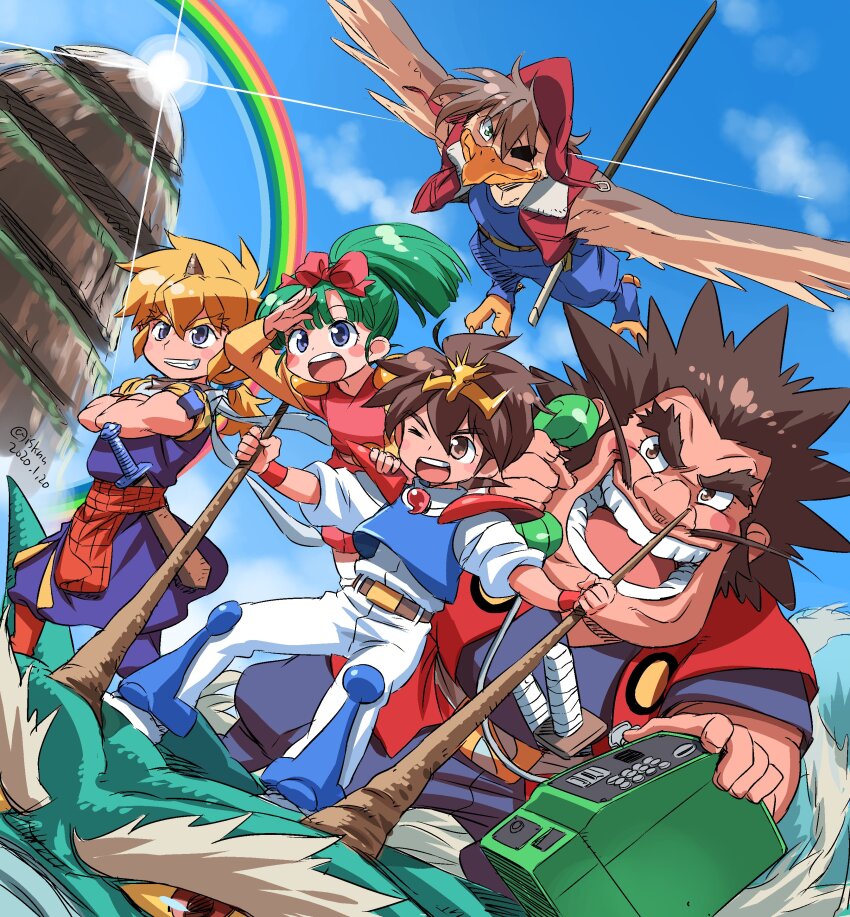 1girl 4boys absurdres arm_up armor artist_name aviator_cap beak belt belt_buckle big_head bird_boy black_hair blonde_hair blue_jumpsuit blue_shirt blue_sky blue_tunic blue_vest blush_stickers bow brown_belt brown_eyes brown_hair buckle closed_mouth cloud collared_jacket colored_sclera commentary corded_phone crossed_arms dated dragon eastern_dragon eyepatch facial_hair fantasy flying glint green_eyes green_hair grin hair_bow hand_on_another&#039;s_shoulder hat highres holding holding_phone horns ikusabe_wataru isedaichi_ken jacket japanese_clothes jumpsuit kataginu long_mustache looking_ahead low_ponytail magatama mashin_eiyuuden_wataru medium_hair multiple_boys mustache nose one_eye_closed one_eye_covered open_mouth outdoors pants pauldrons payphone phone pink_bow pink_shirt ponytail rainbow red_eyes red_hat red_jacket riding_dragon scabbard sheath sheathed shinobibe_himiko shirt short_hair shoulder_armor single_horn sky sleeveless sleeveless_jacket sleeveless_jumpsuit sleeves_rolled_up smile spiked_hair standing sun sword teeth thick_eyebrows tiara toraou tsurugibe_shibaraku tunic twitter_username vest wataribe_kurama weapon white_belt white_pants white_shirt winged_arms wings wristband yellow_sclera
