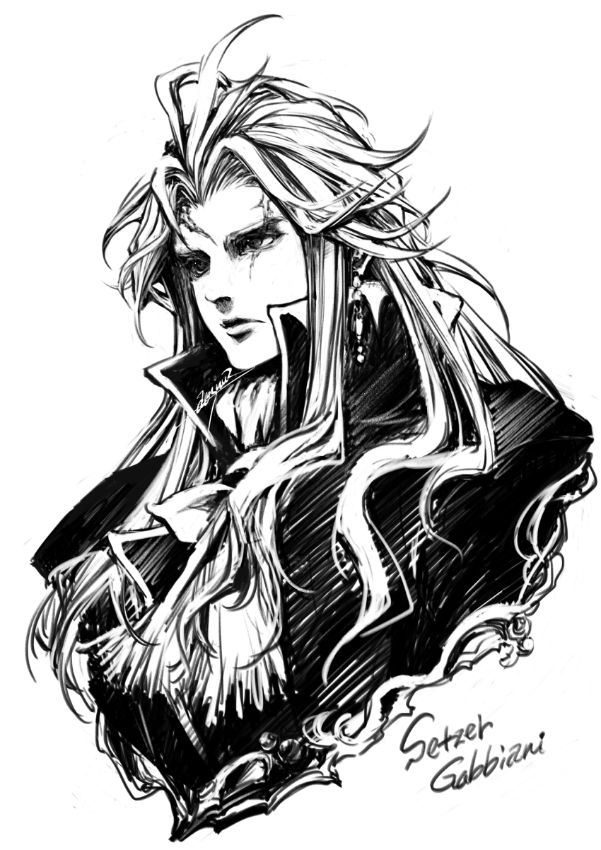 1boy aosuna ascot black_jacket character_name closed_mouth earrings final_fantasy final_fantasy_vi grey_hair greyscale hair_over_shoulder highres jacket jewelry long_hair male_focus monochrome parted_bangs popped_collar portrait scar scar_across_eye scar_on_face scar_on_forehead setzer_gabbiani signature solo upper_body white_background