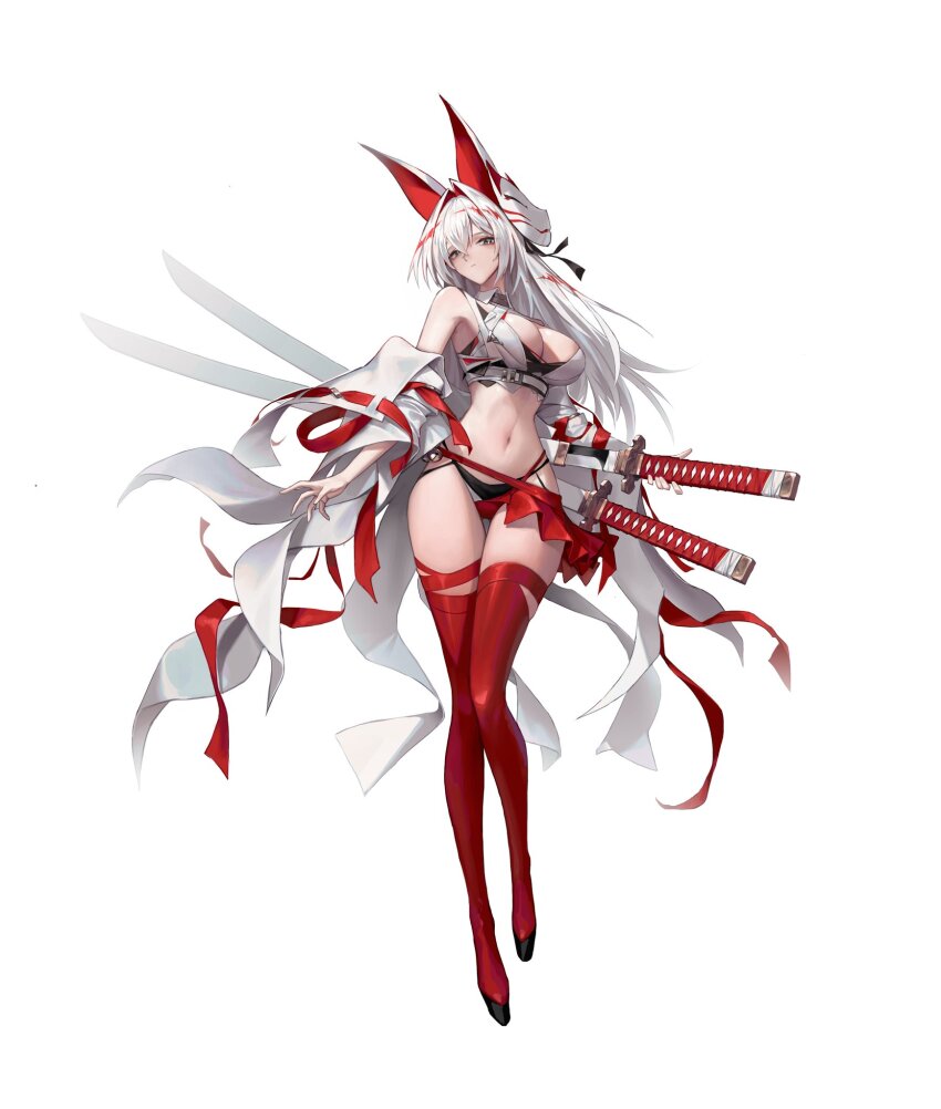 1girl animal_ears bare_shoulders bikini bikini_bottom_only black_bikini black_panties breasts cleavage cleavage_cutout closed_mouth clothing_cutout crop_top detached_sleeves fake_animal_ears fox_ears fox_girl fox_mask full_body gonduming hair_between_eyes hair_intakes highleg highleg_panties highres holding holding_sword holding_weapon katana large_breasts long_hair long_sleeves looking_at_viewer mask mask_on_head midriff multi-strapped_panties multiple_swords navel off_shoulder ootachi original panties red_thighhighs revealing_clothes ribbon sheath sheathed shirt simple_background skindentation skirt sleeveless sleeveless_shirt solo stomach swimsuit sword tachi-e thigh_gap thighhighs thighs torn_clothes underwear weapon weapon_on_back white_background white_hair white_shirt wide_sleeves yellow_eyes