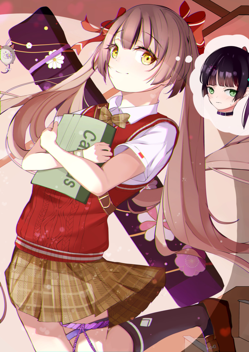 2girls blunt_bangs heaven_burns_red highres long_hair multiple_girls natsume_inori notebook ogasawara_hisame ponytail red_sweater_vest shirt skirt solo_focus sweater_vest thigh_strap tsukune2398 twintails weapon_bag white_hair white_shirt yellow_eyes